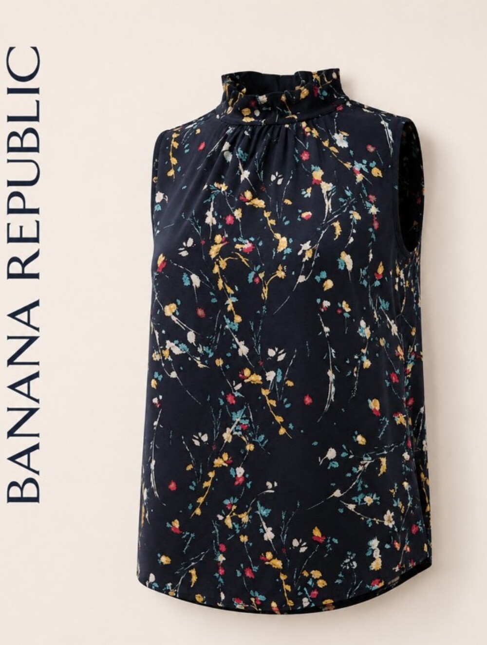 Banana Republic Navy Floral Mock Neck Sleeveless - Picture 2 of 4